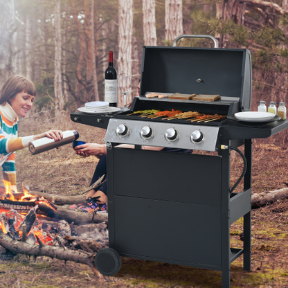 Stainless Steel 4-Burner Propane Gas Grill with Wheels and Shelves
