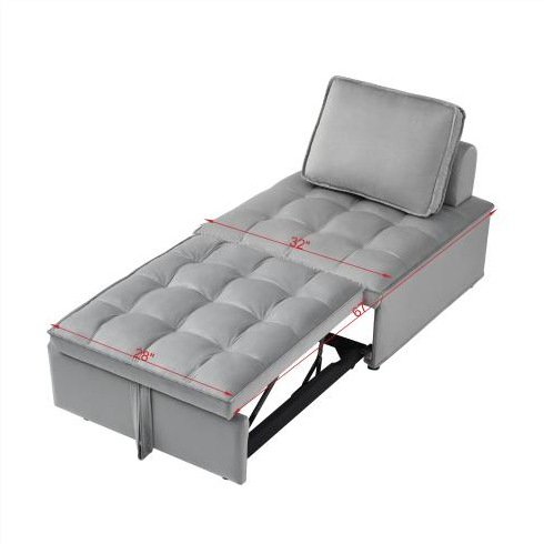 Modern Gray Convertible Velvet Single Sofa Bed with Pillow