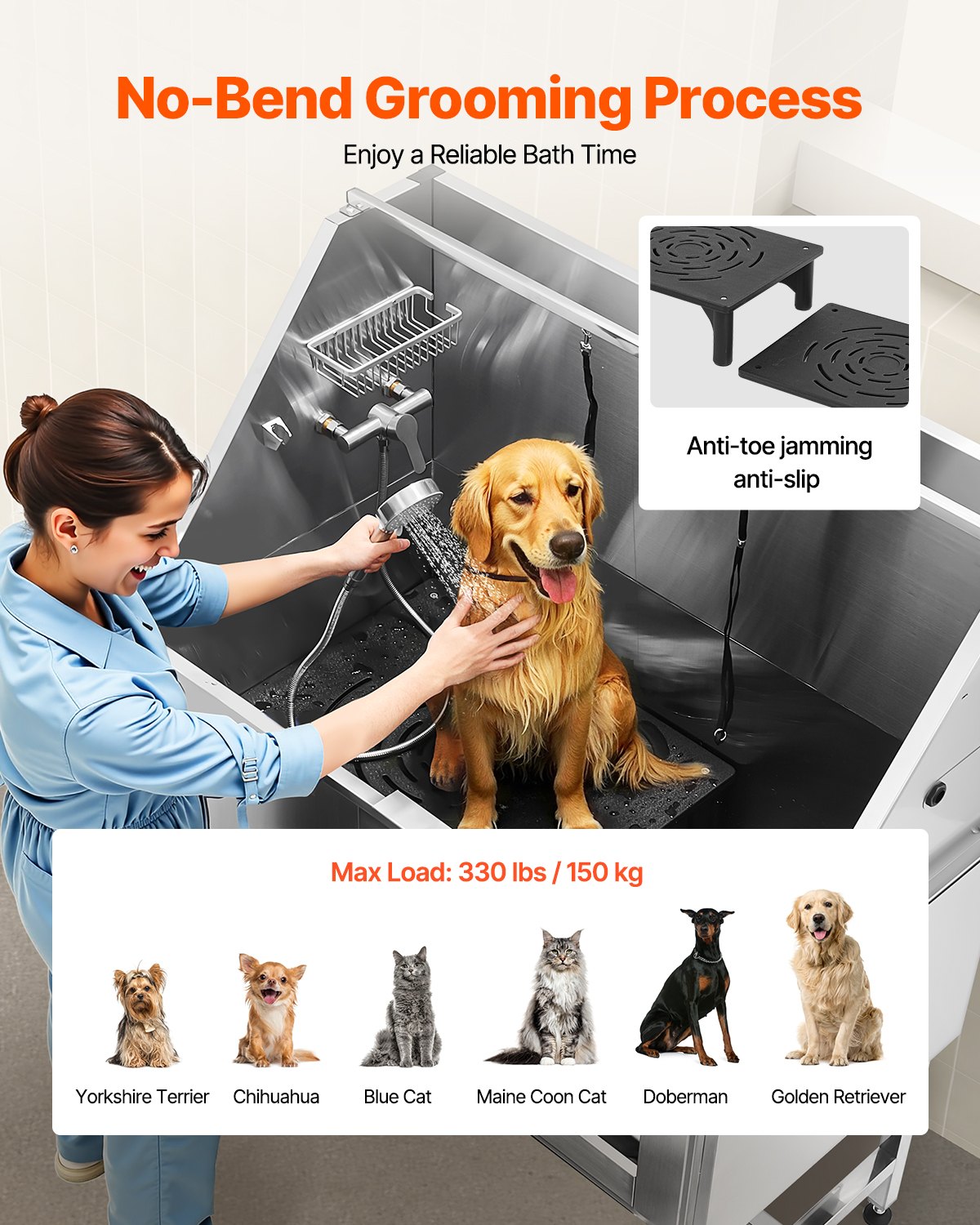 Stainless Steel Dog Grooming Tub with Steps and Water Filter - 50 Inch