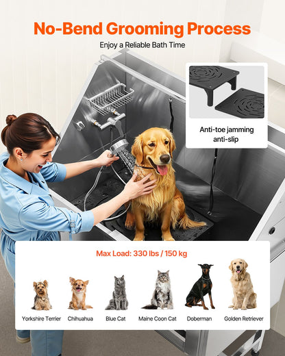 Stainless Steel Dog Grooming Tub with Steps and Water Filter - 50 Inch