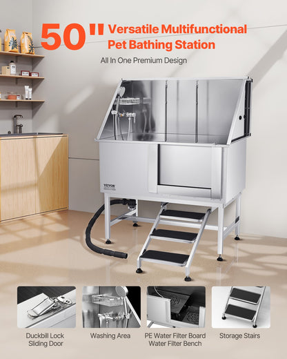 Stainless Steel Dog Grooming Tub with Steps and Water Filter - 50 Inch