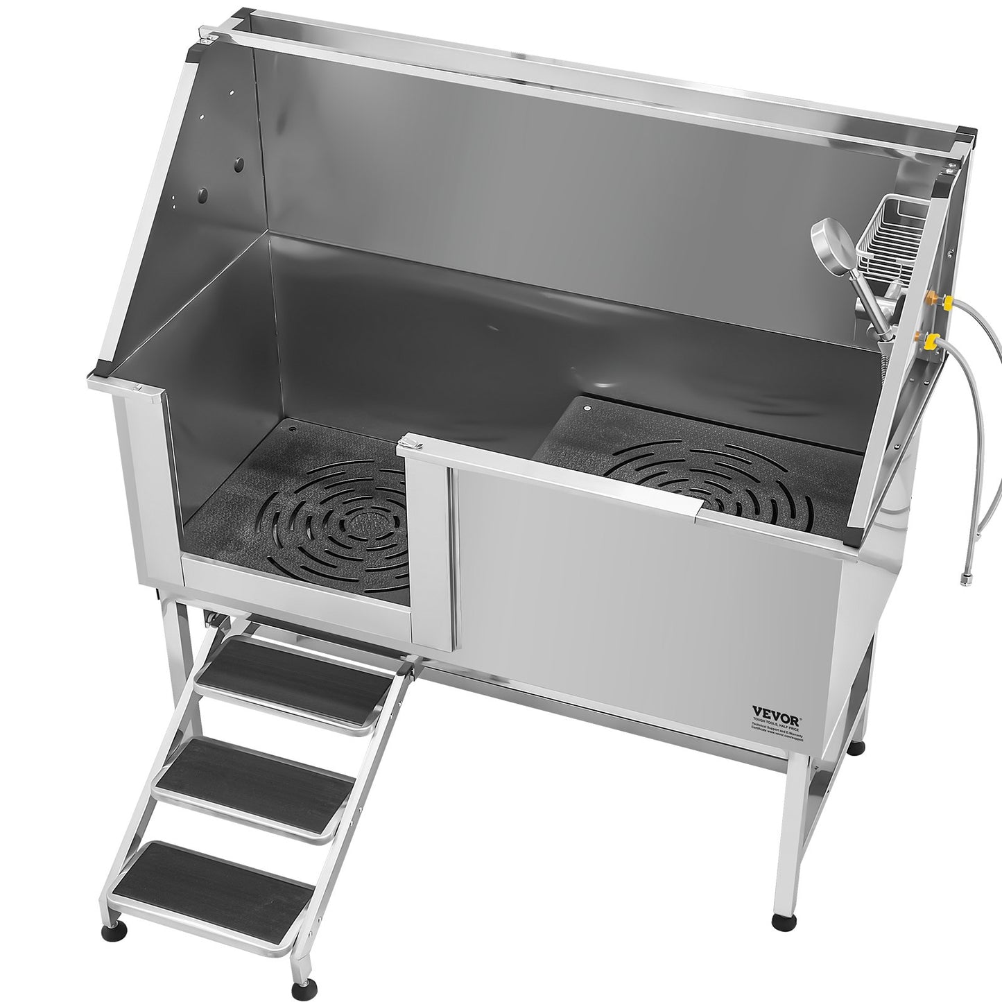 62 Inch Stainless Steel Dog Grooming Tub with Stairs and Water Filter - Left Drain