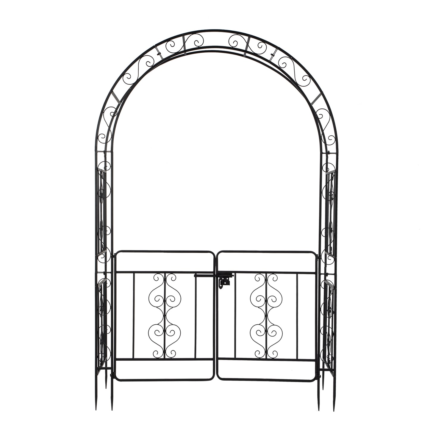Black Wrought Iron Garden Arch with Double Deck and Door - 7ft Rounded Arbor Trellis