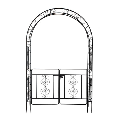Black Wrought Iron Garden Arch with Double Deck and Door - 7ft Rounded Arbor Trellis