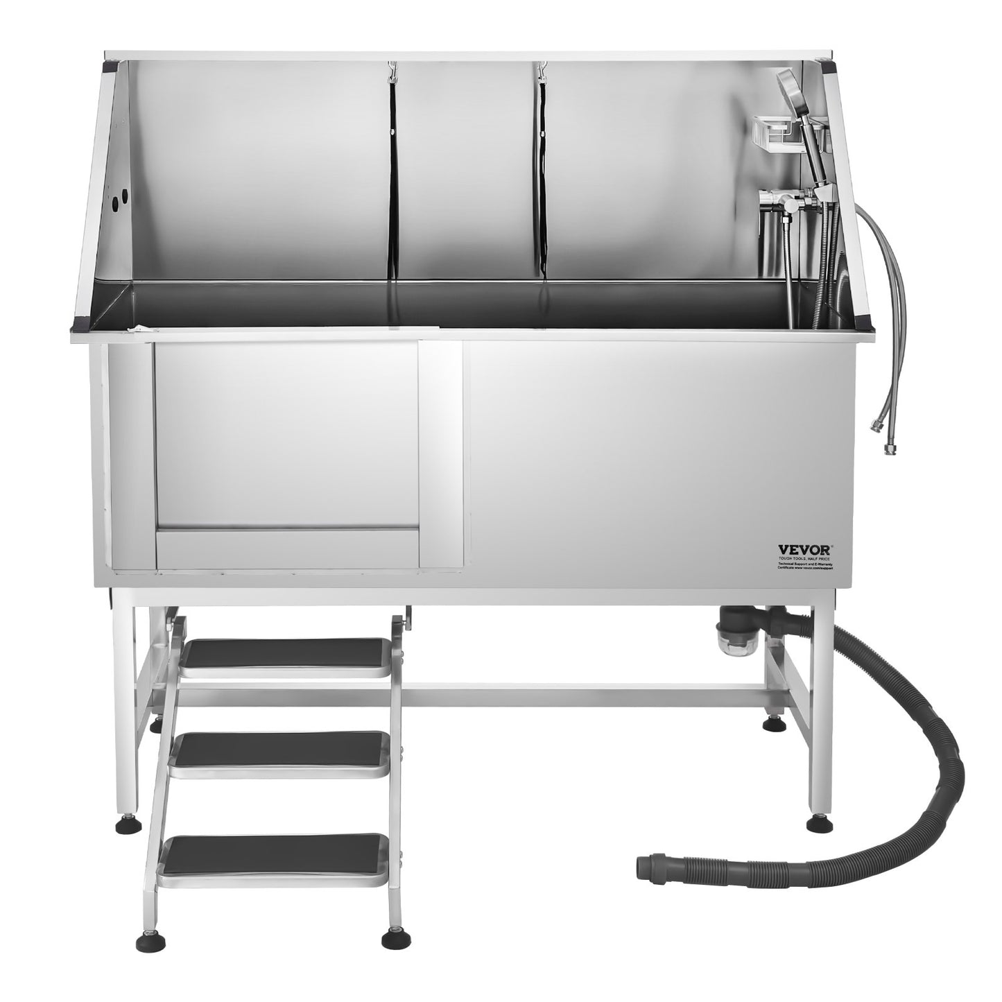 62 Inch Stainless Steel Dog Grooming Tub with Stairs and Water Filter - Left Drain
