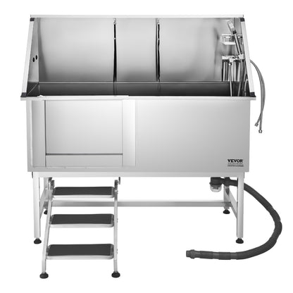 62 Inch Stainless Steel Dog Grooming Tub with Stairs and Water Filter - Left Drain
