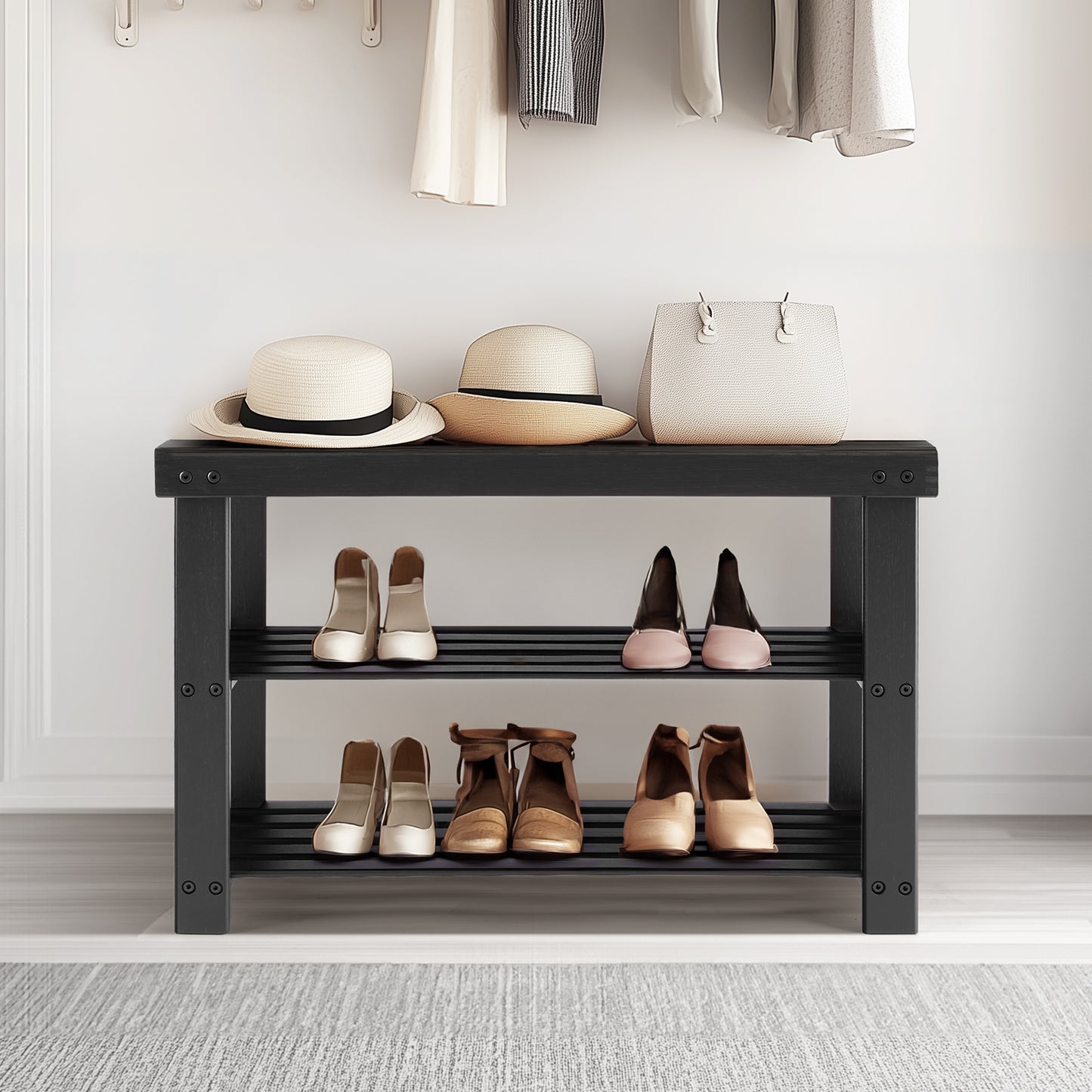 3-Tier Bamboo Shoe Rack Bench with Storage Shelves