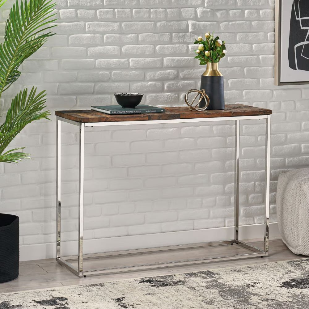 Boho Recycled Wood Console Table with Silver Steel Frame