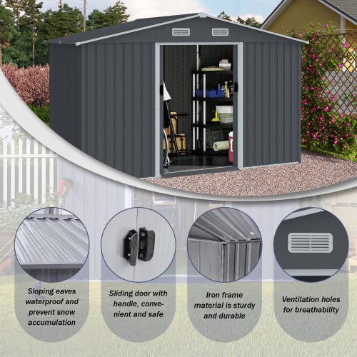 Grey 8x10 FT Outdoor Metal Storage Shed with Sliding Doors & Air Vent