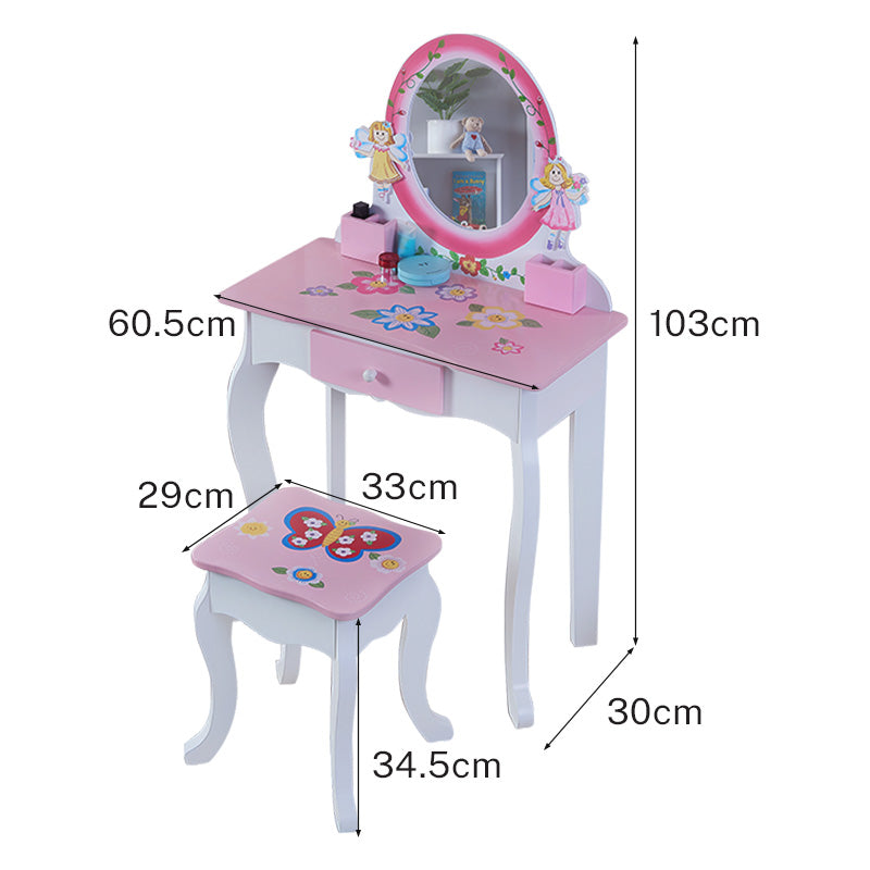 Pink Wooden Kids Vanity Table with Mirror and Stool