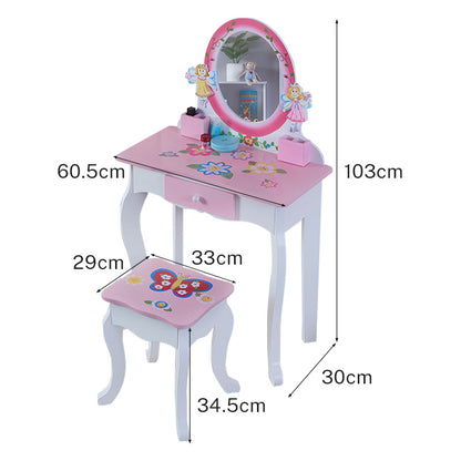 Pink Wooden Kids Vanity Table with Mirror and Stool