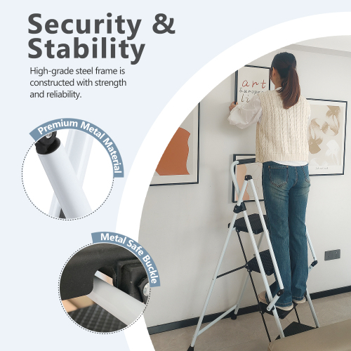 White Folding 4-Step Steel Ladder with Anti-Slip Pedals and Safety Handle