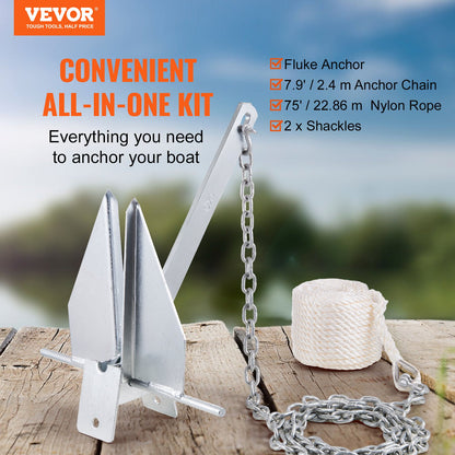 8.5 lb Galvanized Fluke Anchor Kit for Boats with Chain, Rope, and Shackles