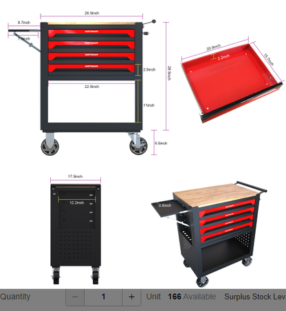 Black and Red Metal Tool Cart with Drawers and Wooden Top