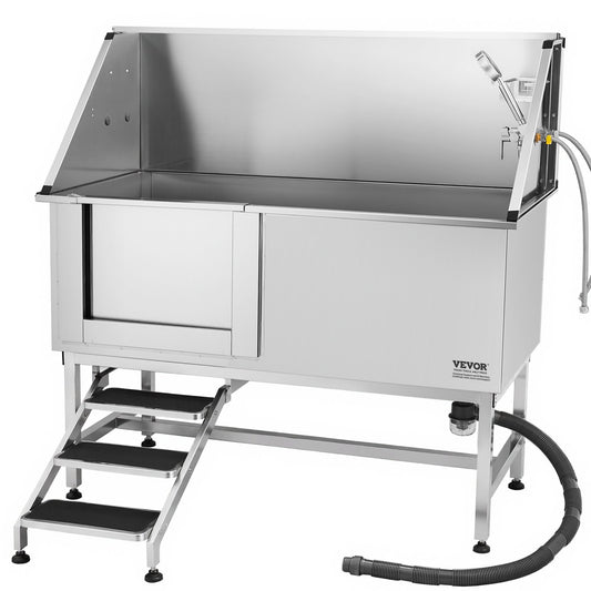 62 Inch Stainless Steel Dog Grooming Tub with Stairs and Water Filter - Left Drain