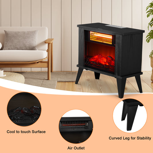 Black Wood Freestanding Electric Fireplace Heater with 3D Flame