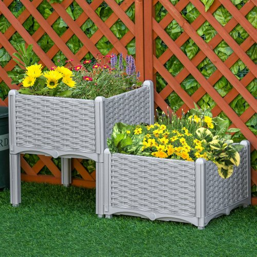 Gray Raised Garden Bed Set with Legs and Self-Watering Planters