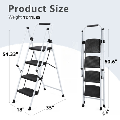 White Folding 4-Step Steel Ladder with Anti-Slip Pedals and Safety Handle