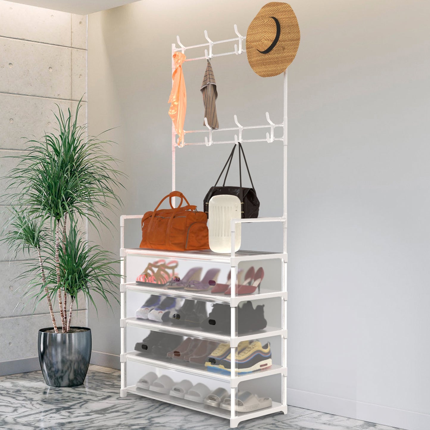 White 5-Tier Entryway Coat and Shoe Rack with Hooks