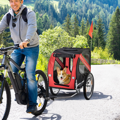 Red Pet Bike Trailer with Mesh Screen and Off-Road Wheels