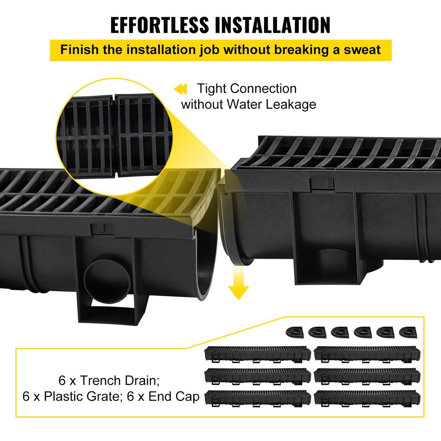 Heavy-Duty Trench Drain System with Plastic Grate – 6-Pack
