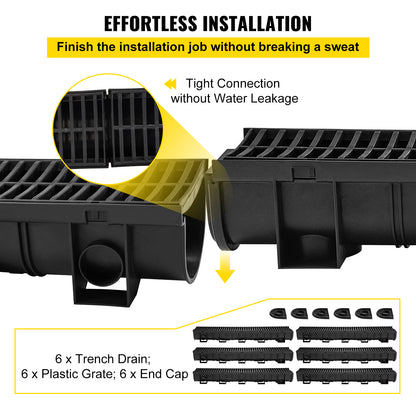 Heavy-Duty Trench Drain System with Plastic Grate – 6-Pack