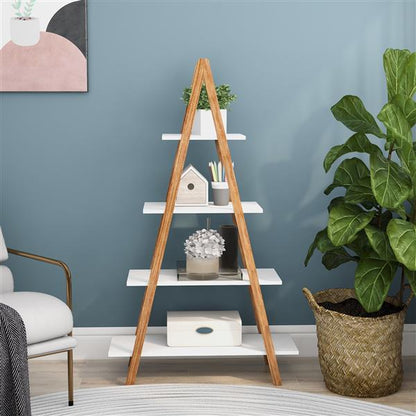 Bamboo Wood Ladder Bookshelf with 4 Tiers – A-Frame Display Shelf