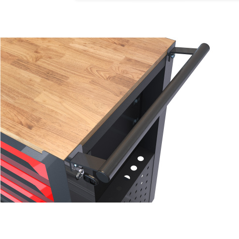 Black and Red Metal Tool Cart with Drawers and Wooden Top