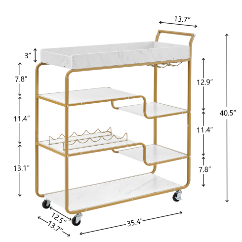 Gold Rolling Bar Cart with Wine Rack and Glass Holder