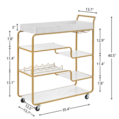 Gold Rolling Bar Cart with Wine Rack and Glass Holder