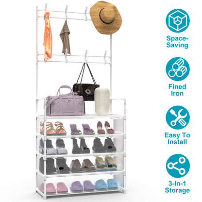White 5-Tier Entryway Coat and Shoe Rack with Hooks