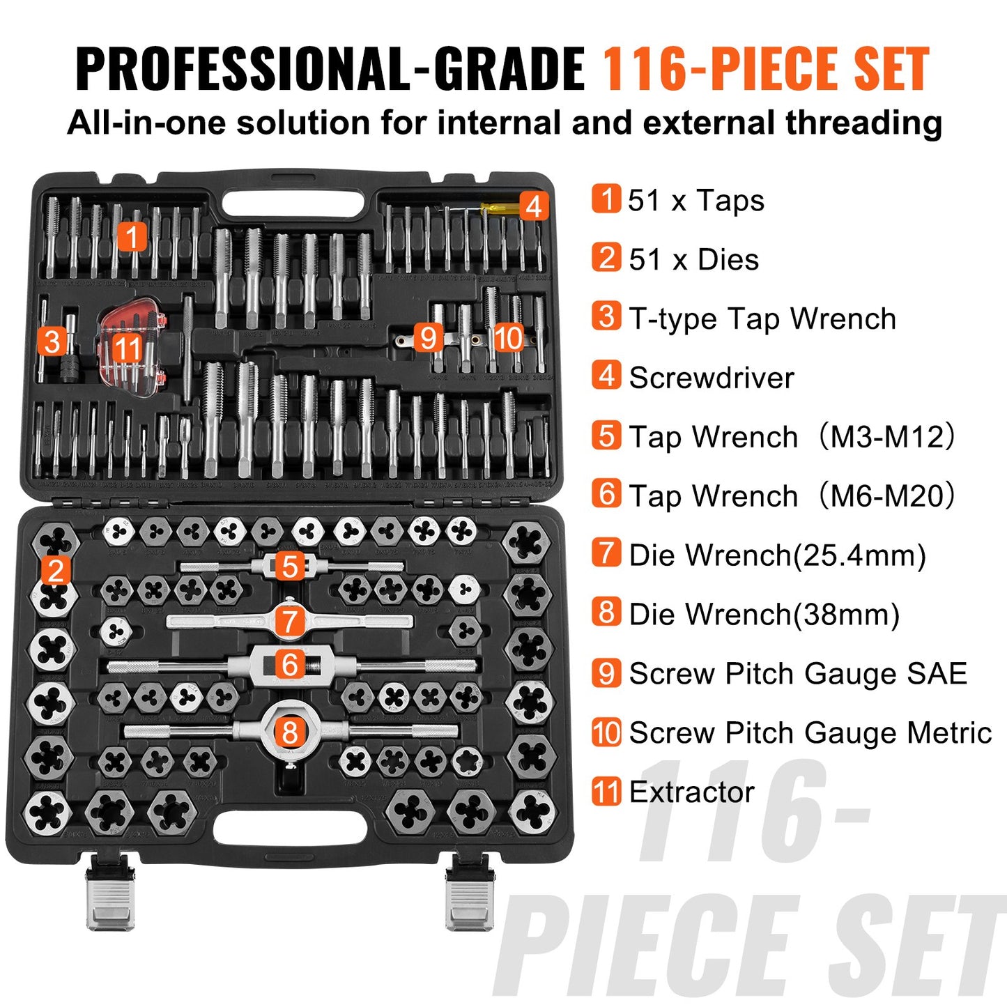 116-Piece Tap and Die Set with Storage Case – Metric & SAE Threading Tool Kit