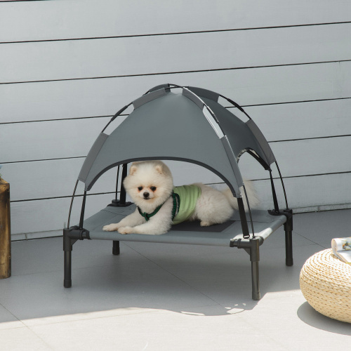 Gray Elevated Dog Bed with Canopy – 24 Inch Portable Pet Cot