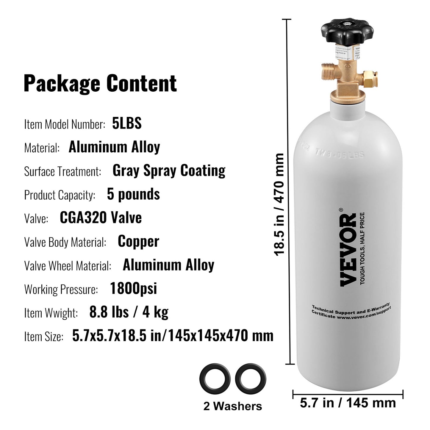 5 lb Aluminum CO2 Tank with CGA320 Valve - Gray Coated Cylinder for Draft Beer and Soda Systems