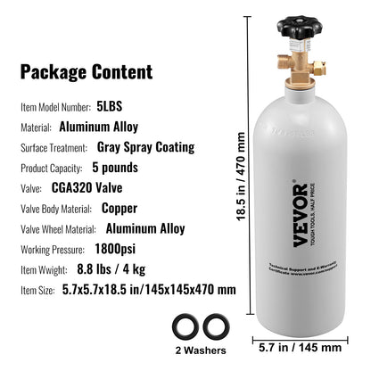 5 lb Aluminum CO2 Tank with CGA320 Valve - Gray Coated Cylinder for Draft Beer and Soda Systems
