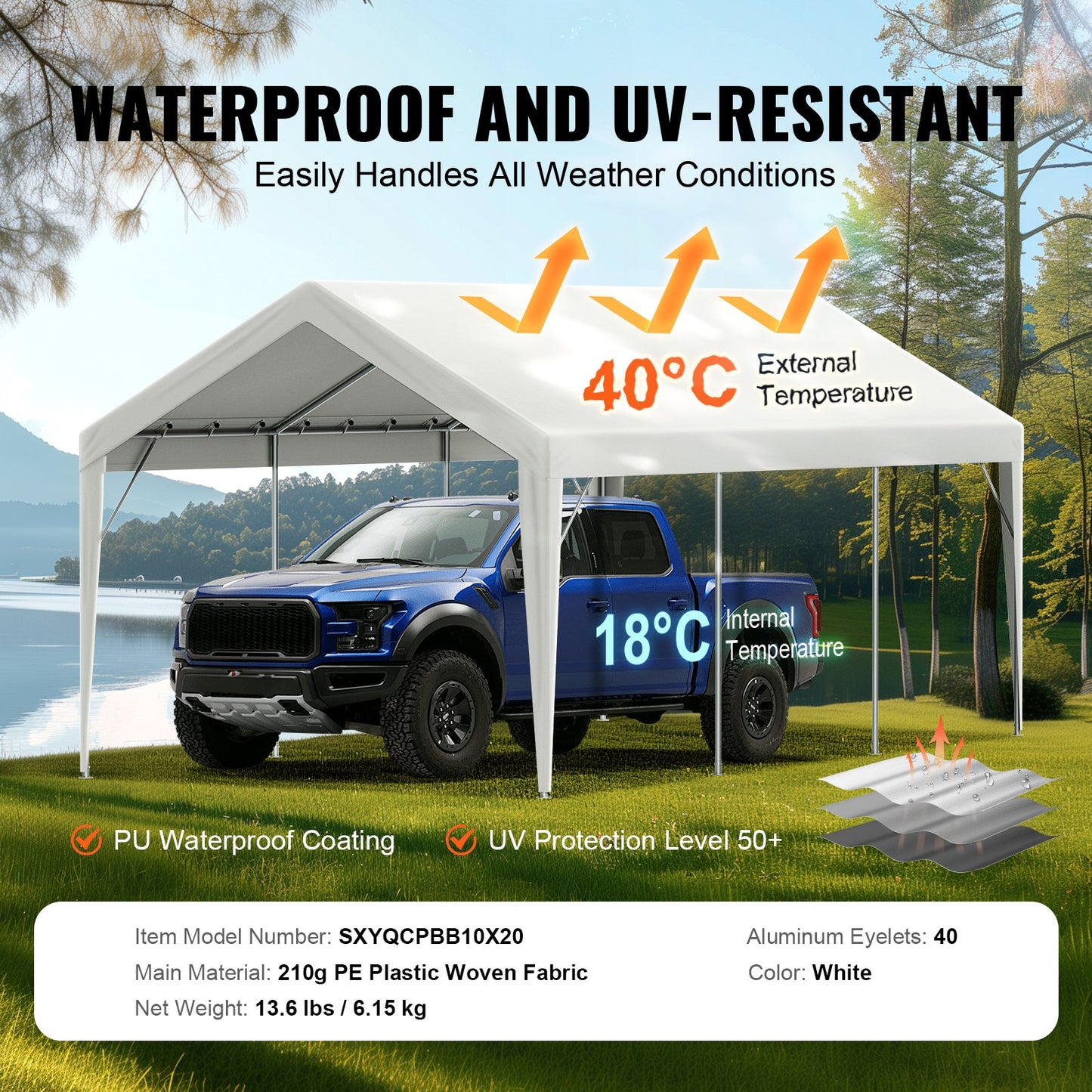 White Waterproof Carport Canopy Replacement Cover 10x20 ft