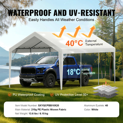 White Waterproof Carport Canopy Replacement Cover 10x20 ft