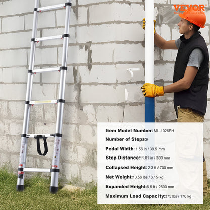 8.5 FT Telescoping Extension Ladder with One-Button Retraction