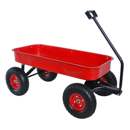 Red Steel Garden Utility Wagon with Wooden Side Panels and Pneumatic Tires