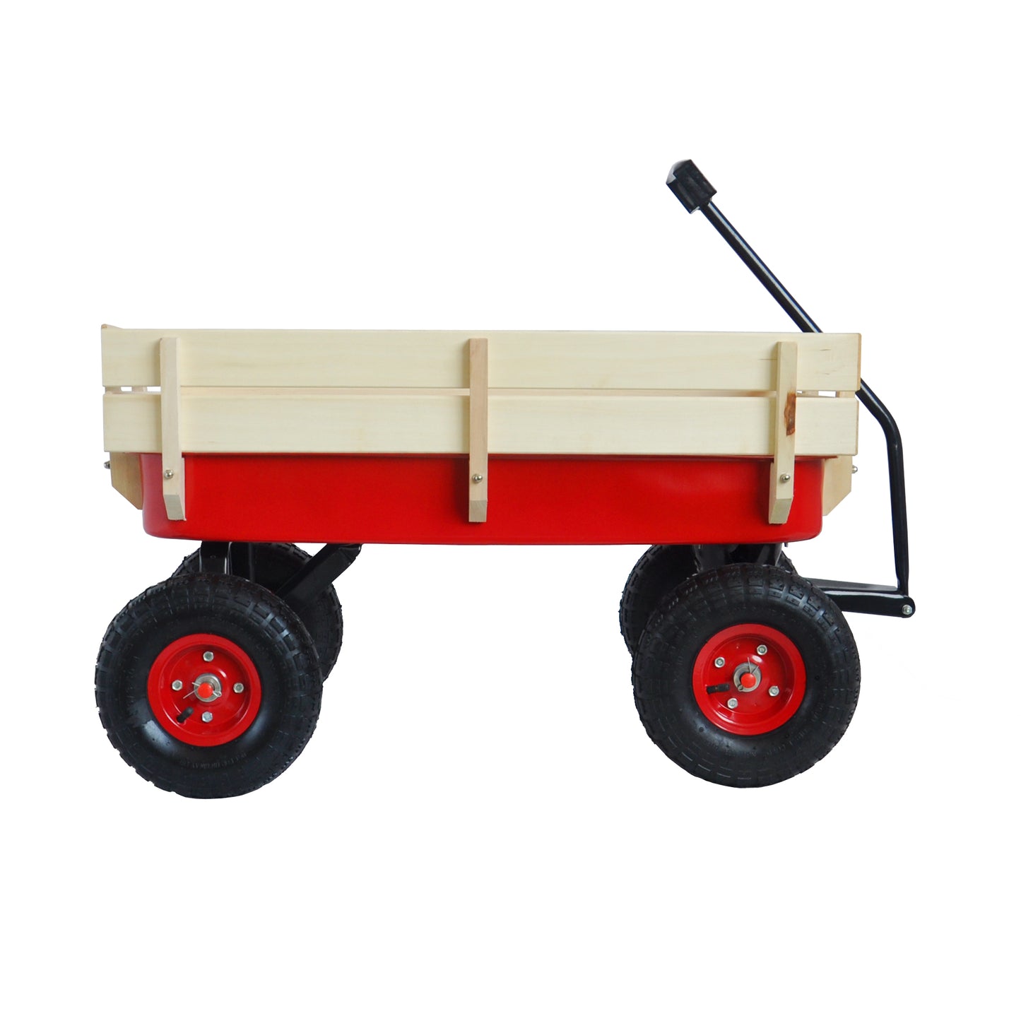 Red Steel Garden Utility Wagon with Wooden Side Panels and Pneumatic Tires