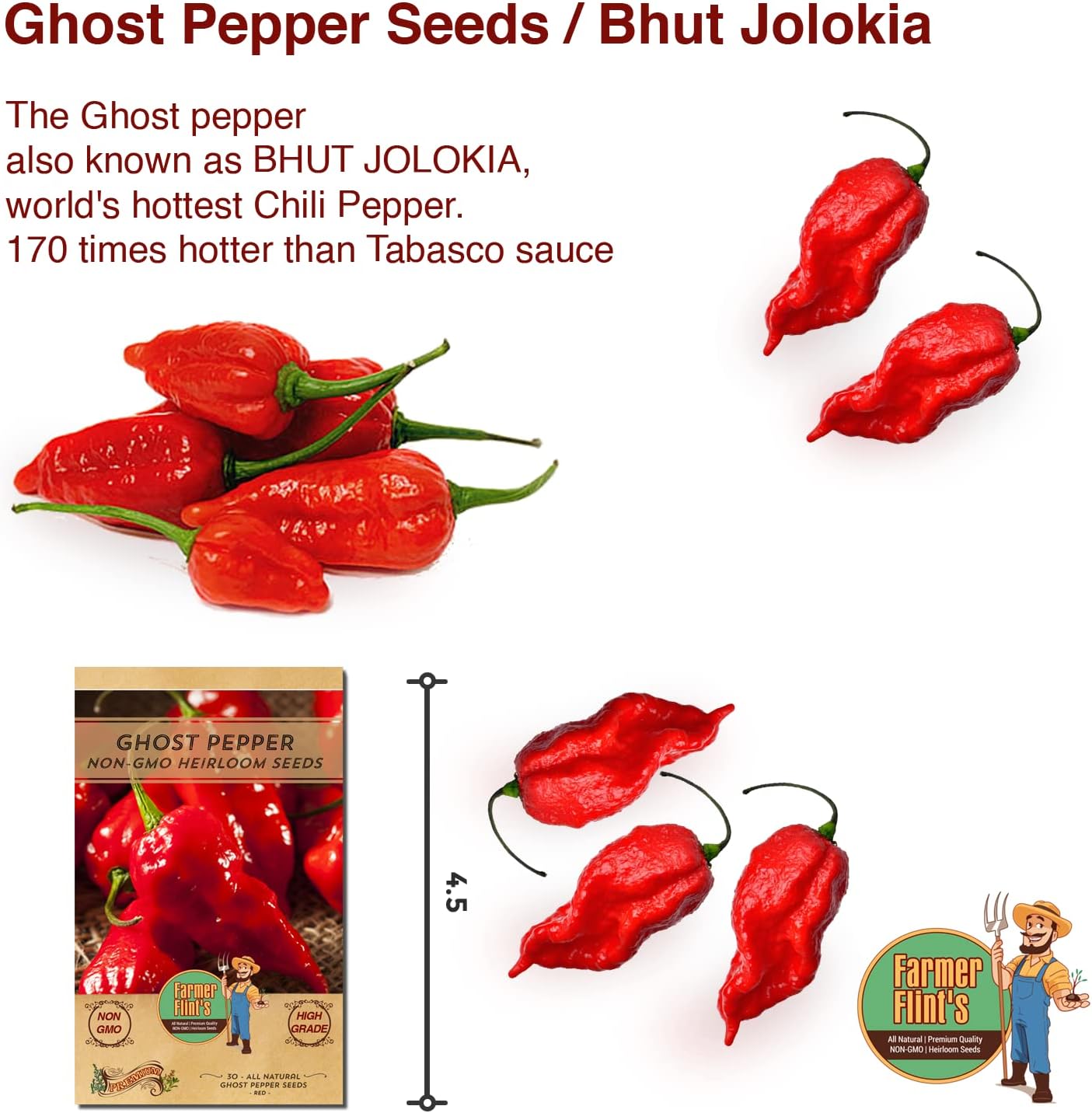 Ghost Pepper Seeds – Naga/ Bhut Jolokia Pepper Seeds for Planting – High Grade Heirloom Seeds, Non-GMO – Extra Hot & Spicy Chili – Pack of 30 Plant Seeds