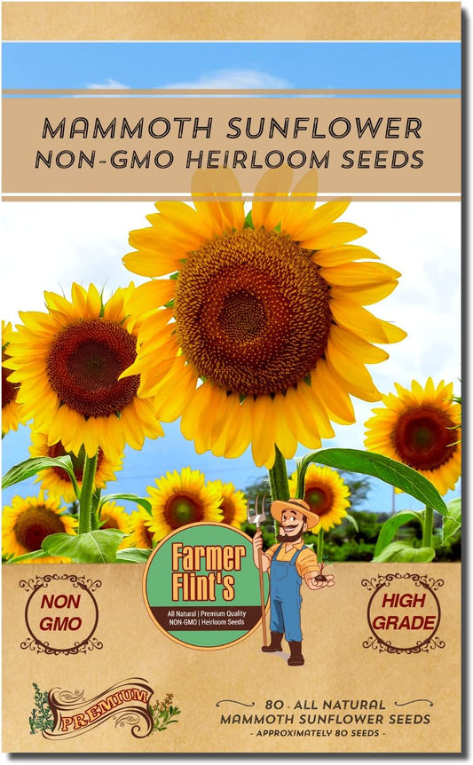 Mammoth Sunflower Seeds for Planting - Non-GMO Heirloom Seeds for Gardening Flowers Packed w/ Edible Seeds - Pack of 80 Sunflower Seeds for Your Home Garden - Planting Instructions Included