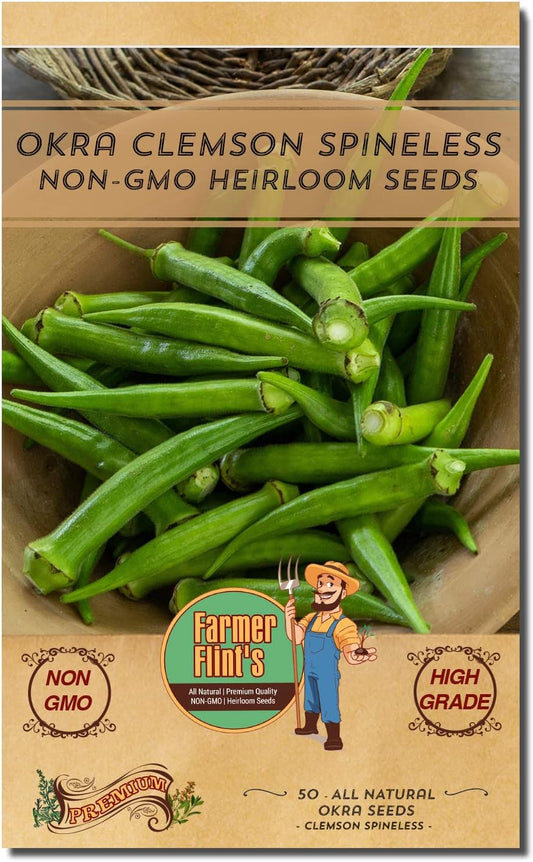 Okra Clemson Spineless Seeds - Non-GMO Heirloom Okra Seeds for Planting Home Garden - Pack of 50 Open Pollinated Vegetable Seeds - Grow Your Own Veggies w/ Okra Seeds - Planting Guide Included