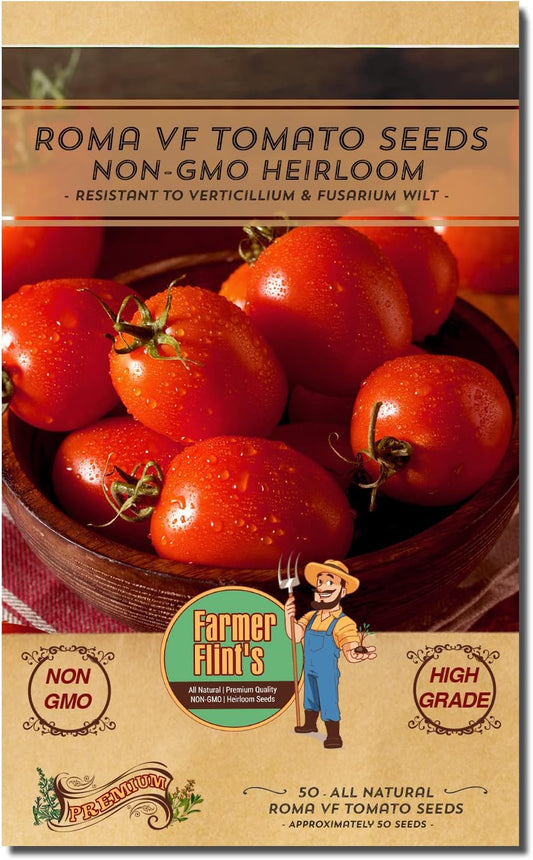 Roma VF Tomato Seeds - Non-GMO Heirloom Tomato Seeds for Planting - Red Tomato Vegetable Seeds for Planting Home Garden - Pack of 50 Open Pollinated Garden Seeds - Planting Instruction Included