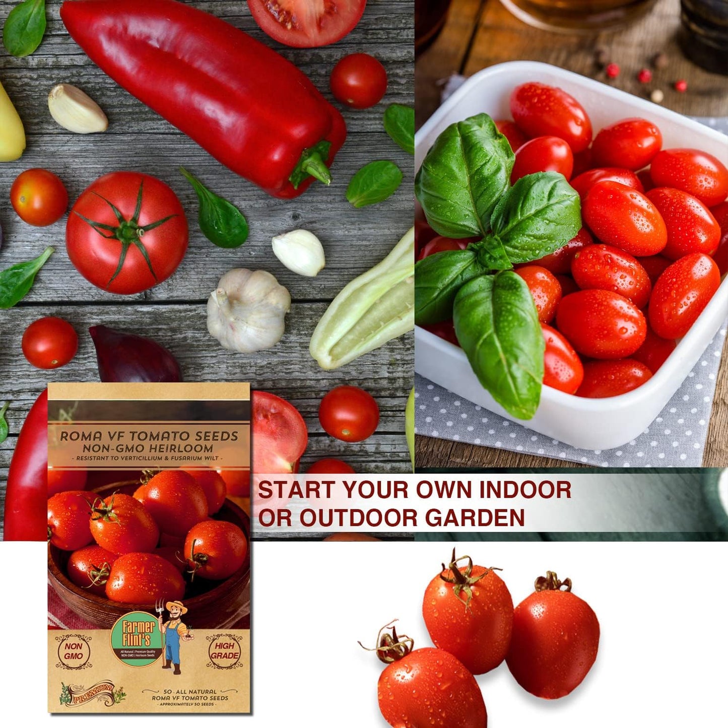 Roma VF Tomato Seeds - Non-GMO Heirloom Tomato Seeds for Planting - Red Tomato Vegetable Seeds for Planting Home Garden - Pack of 50 Open Pollinated Garden Seeds - Planting Instruction Included