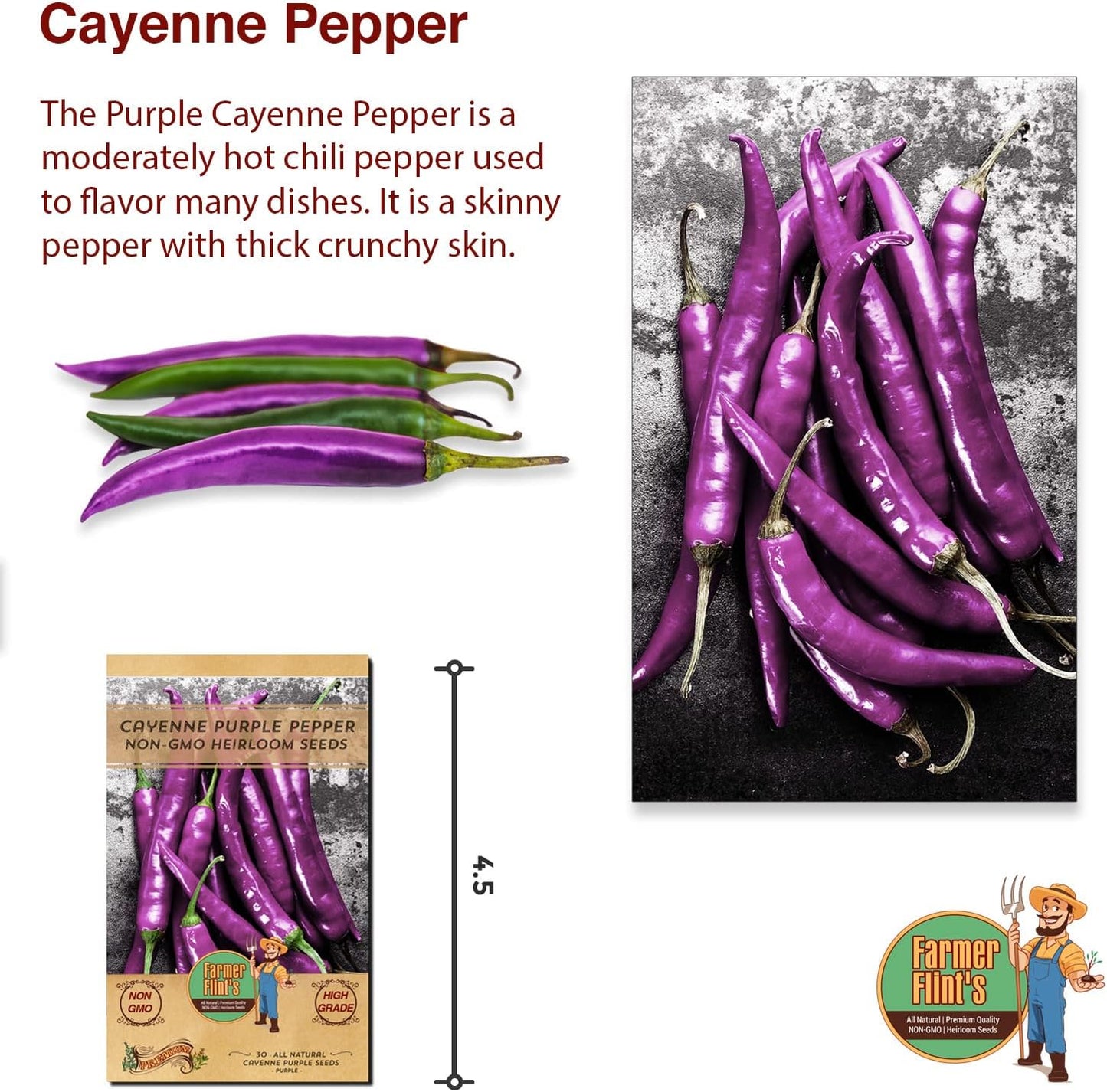 Cayenne Pepper Seeds for Planting - Non-GMO Spicy Purple Peppers - Pack of 30 Open-Pollination Heirloom Seeds with Growing Instructions - All-Natural Hot Pepper Seeds for Your Garden