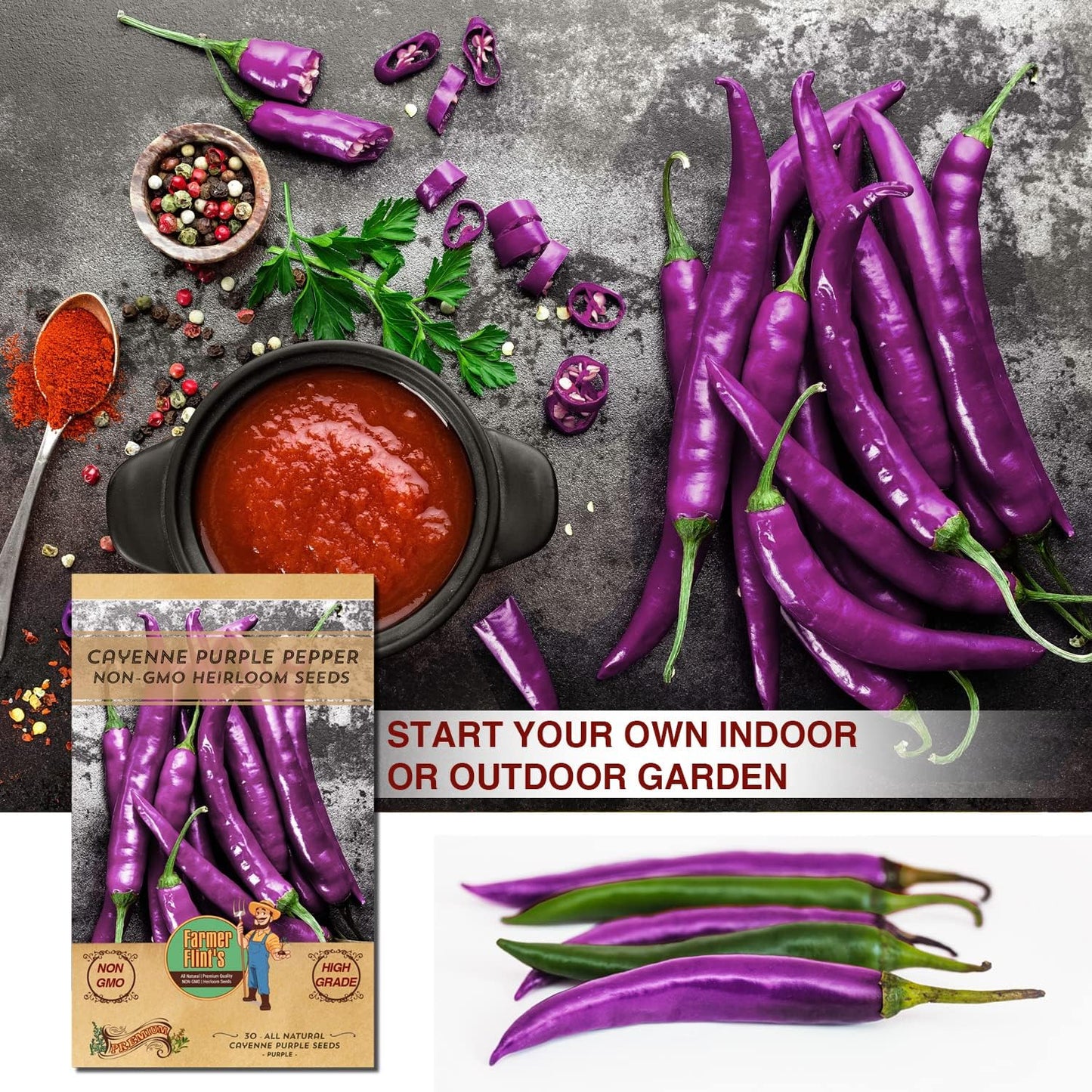 Cayenne Pepper Seeds for Planting - Non-GMO Spicy Purple Peppers - Pack of 30 Open-Pollination Heirloom Seeds with Growing Instructions - All-Natural Hot Pepper Seeds for Your Garden